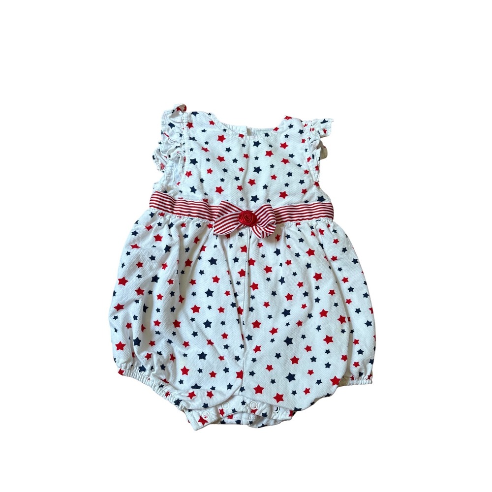 Little Me Romper Baby Girl White Red Blue Star Patriotic Ruffle SIZE 9M